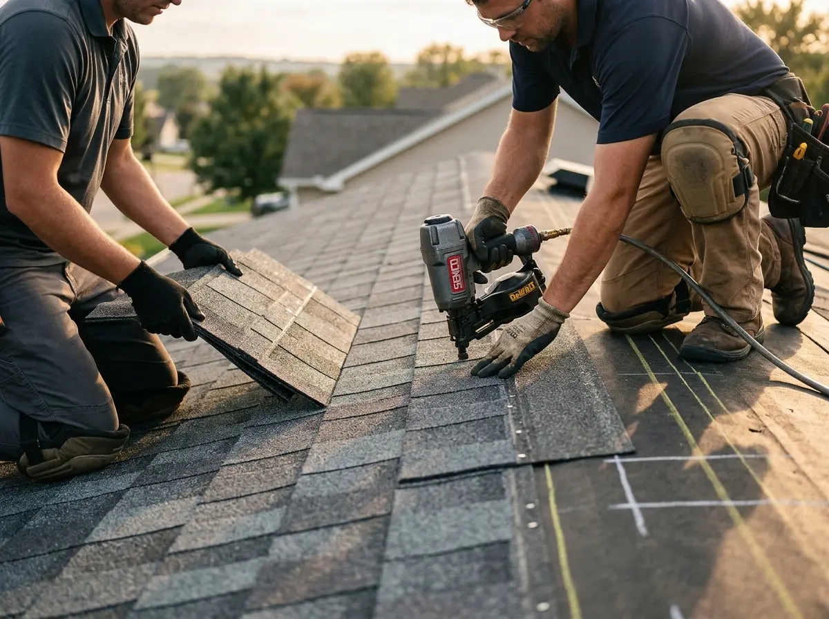 Professional roofer working on a residential roof in Ave Maria